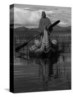Traditiona Totora Reed Boat & Aymara, Lake Titicaca, Bolivia / Peru, South America-Pete Oxford-Stretched Canvas