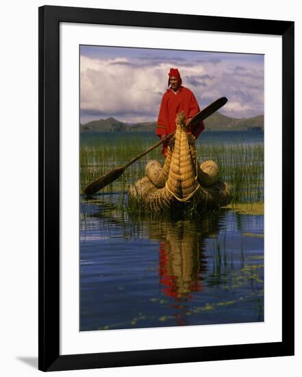 Traditiona Totora Reed Boat & Aymara, Lake Titicaca, Bolivia / Peru, South America-Pete Oxford-Framed Photographic Print