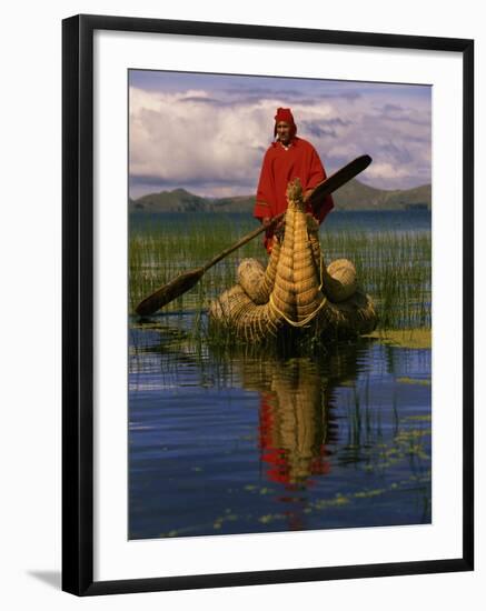 Traditiona Totora Reed Boat & Aymara, Lake Titicaca, Bolivia / Peru, South America-Pete Oxford-Framed Photographic Print