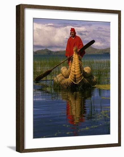 Traditiona Totora Reed Boat & Aymara, Lake Titicaca, Bolivia / Peru, South America-Pete Oxford-Framed Photographic Print