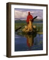 Traditiona Totora Reed Boat & Aymara, Lake Titicaca, Bolivia / Peru, South America-Pete Oxford-Framed Photographic Print