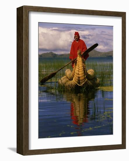 Traditiona Totora Reed Boat & Aymara, Lake Titicaca, Bolivia / Peru, South America-Pete Oxford-Framed Photographic Print