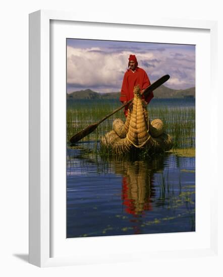 Traditiona Totora Reed Boat & Aymara, Lake Titicaca, Bolivia / Peru, South America-Pete Oxford-Framed Photographic Print