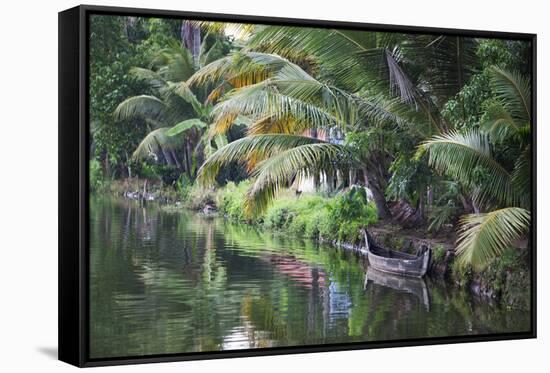 Traditional Boat Moored on the Still Water of the Kerala Backwaters, Kerala, India, Asia-Martin Child-Framed Stretched Canvas