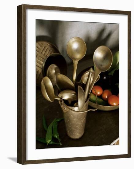 Traditional Brass Kitchen Utensils in a Home, Amber, Near Jaipur, Rajasthan State, India-John Henry Claude Wilson-Framed Photographic Print