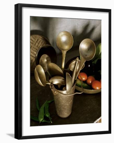 Traditional Brass Kitchen Utensils in a Home, Amber, Near Jaipur, Rajasthan State, India-John Henry Claude Wilson-Framed Photographic Print