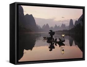 Traditional Chinese Fisherman with Cormorants, Li River, Guilin, China-Adam Jones-Framed Stretched Canvas