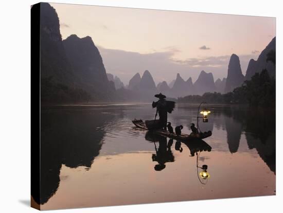 Traditional Chinese Fisherman with Cormorants, Li River, Guilin, China-Adam Jones-Stretched Canvas