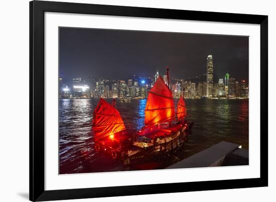 Traditional Chinese junk boat for tourists on Victoria Harbour illuminated at night, Hong Kong, Chi-Fraser Hall-Framed Photographic Print