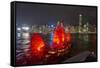 Traditional Chinese junk boat for tourists on Victoria Harbour illuminated at night, Hong Kong, Chi-Fraser Hall-Framed Stretched Canvas