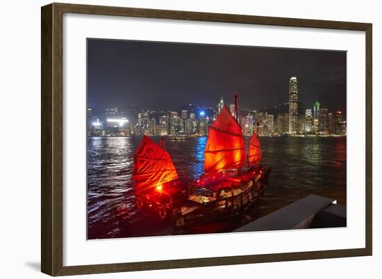 Traditional Chinese junk boat for tourists on Victoria Harbour illuminated at night, Hong Kong, Chi-Fraser Hall-Framed Photographic Print