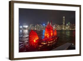 Traditional Chinese junk boat for tourists on Victoria Harbour illuminated at night, Hong Kong, Chi-Fraser Hall-Framed Photographic Print