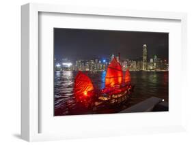 Traditional Chinese junk boat for tourists on Victoria Harbour illuminated at night, Hong Kong, Chi-Fraser Hall-Framed Premium Photographic Print