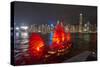 Traditional Chinese junk boat for tourists on Victoria Harbour illuminated at night, Hong Kong, Chi-Fraser Hall-Stretched Canvas