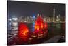 Traditional Chinese junk boat for tourists on Victoria Harbour illuminated at night, Hong Kong, Chi-Fraser Hall-Stretched Canvas