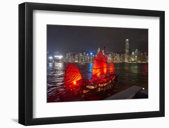 Traditional Chinese junk boat for tourists on Victoria Harbour illuminated at night, Hong Kong, Chi-Fraser Hall-Framed Photographic Print