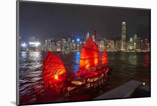 Traditional Chinese junk boat for tourists on Victoria Harbour illuminated at night, Hong Kong, Chi-Fraser Hall-Mounted Photographic Print