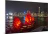 Traditional Chinese junk boat for tourists on Victoria Harbour illuminated at night, Hong Kong, Chi-Fraser Hall-Mounted Photographic Print
