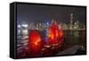 Traditional Chinese junk boat for tourists on Victoria Harbour illuminated at night, Hong Kong, Chi-Fraser Hall-Framed Stretched Canvas