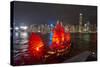 Traditional Chinese junk boat for tourists on Victoria Harbour illuminated at night, Hong Kong, Chi-Fraser Hall-Stretched Canvas