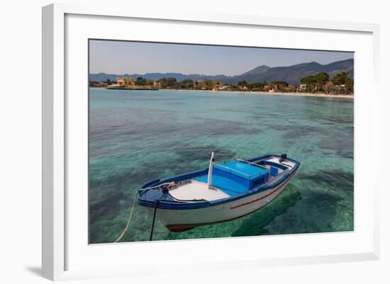 Traditional Colourful Fishing Boat Moored at the Seaside Resort of Mondello, Sicily, Italy-Martin Child-Framed Photographic Print