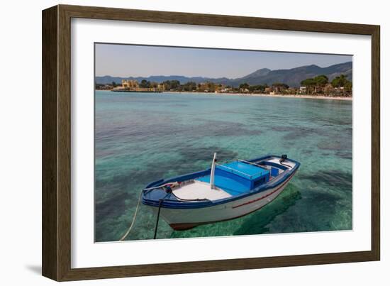 Traditional Colourful Fishing Boat Moored at the Seaside Resort of Mondello, Sicily, Italy-Martin Child-Framed Photographic Print