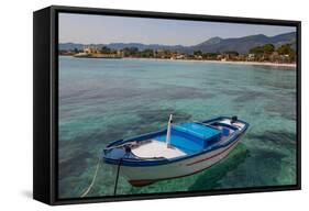 Traditional Colourful Fishing Boat Moored at the Seaside Resort of Mondello, Sicily, Italy-Martin Child-Framed Stretched Canvas