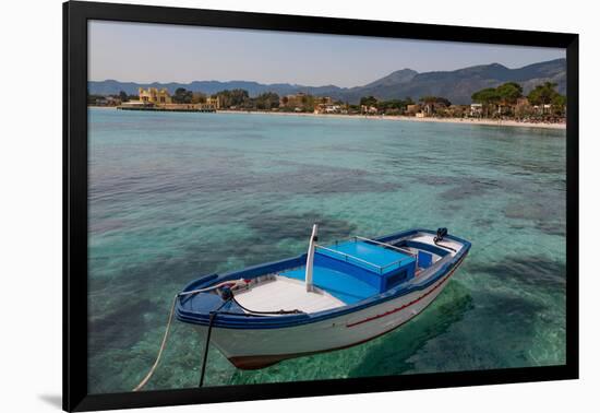 Traditional Colourful Fishing Boat Moored at the Seaside Resort of Mondello, Sicily, Italy-Martin Child-Framed Photographic Print