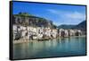 Traditional fishing boats and fishermens houses, Cefalu, Sicily, Italy, Europe-Marco Simoni-Framed Stretched Canvas