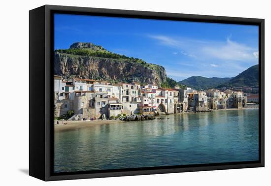 Traditional fishing boats and fishermens houses, Cefalu, Sicily, Italy, Europe-Marco Simoni-Framed Stretched Canvas