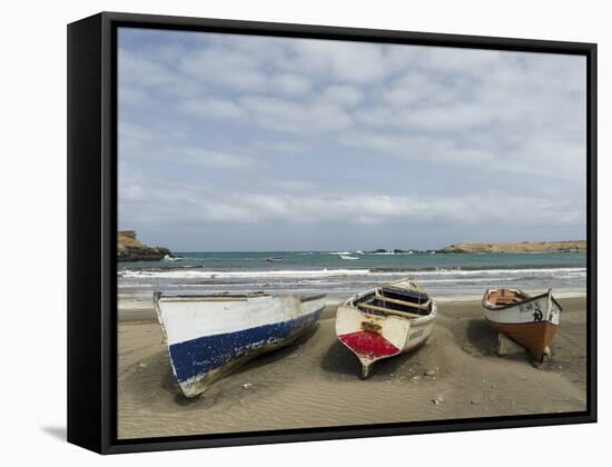 Traditional fishing boats on the beach of Praia Baixo. Santiago Island, Cape Verde.-Martin Zwick-Framed Stretched Canvas