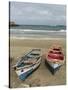 Traditional fishing boats on the beach of Praia Baixo. Santiago Island, Cape Verde-Martin Zwick-Stretched Canvas