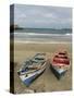 Traditional fishing boats on the beach of Praia Baixo. Santiago Island, Cape Verde-Martin Zwick-Stretched Canvas