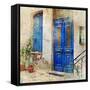 Traditional Greek Streets -Artwork In Painting Style-Maugli-l-Framed Stretched Canvas