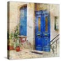 Traditional Greek Streets -Artwork In Painting Style-Maugli-l-Stretched Canvas