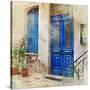 Traditional Greek Streets -Artwork In Painting Style-Maugli-l-Stretched Canvas