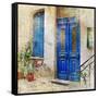 Traditional Greek Streets -Artwork In Painting Style-Maugli-l-Framed Stretched Canvas