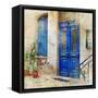 Traditional Greek Streets -Artwork In Painting Style-Maugli-l-Framed Stretched Canvas