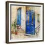 Traditional Greek Streets -Artwork In Painting Style-Maugli-l-Framed Premium Giclee Print