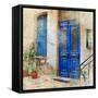 Traditional Greek Streets -Artwork In Painting Style-Maugli-l-Framed Stretched Canvas