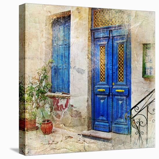 Traditional Greek Streets -Artwork In Painting Style-Maugli-l-Stretched Canvas