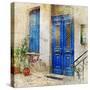 Traditional Greek Streets -Artwork In Painting Style-Maugli-l-Stretched Canvas