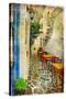 Traditional Greek Tavernas - Artwork In Painting Style-Maugli-l-Stretched Canvas