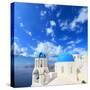 Traditional Greek White Church Arch with Cross and Bells in Village Oia of Cyclades Island Santorin-Netfalls-Stretched Canvas
