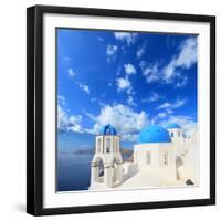 Traditional Greek White Church Arch with Cross and Bells in Village Oia of Cyclades Island Santorin-Netfalls-Framed Photographic Print