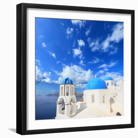 Traditional Greek White Church Arch with Cross and Bells in Village Oia of Cyclades Island Santorin-Netfalls-Framed Photographic Print