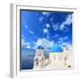 Traditional Greek White Church Arch with Cross and Bells in Village Oia of Cyclades Island Santorin-Netfalls-Framed Photographic Print