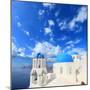 Traditional Greek White Church Arch with Cross and Bells in Village Oia of Cyclades Island Santorin-Netfalls-Mounted Photographic Print