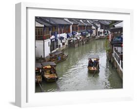Traditional Houses and Boat on the Grand Canal, Zhujiajiao, Near Shanghai, China-Keren Su-Framed Premium Photographic Print