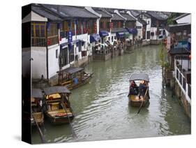 Traditional Houses and Boat on the Grand Canal, Zhujiajiao, Near Shanghai, China-Keren Su-Stretched Canvas